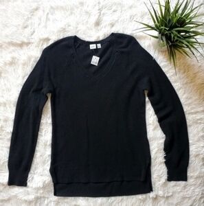 GAP Light Weight V-Neck Split Hem Waffle Knit Black High Low Tunic Sweater sz XS